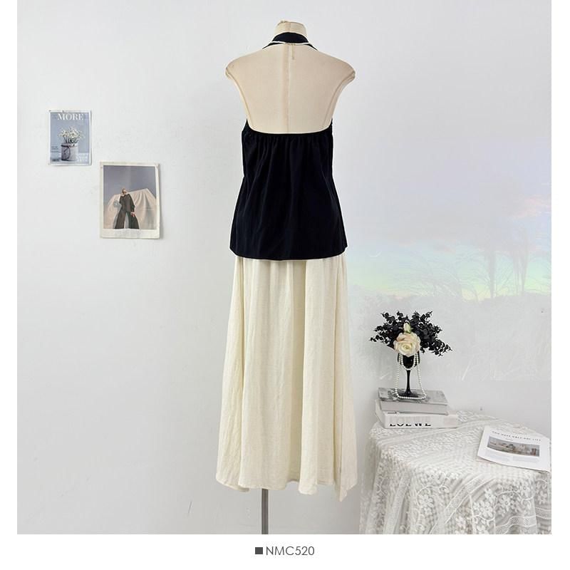 Set: Halter Plain Tie-Up Top + Elastic Waist Melange Maxi A-Line Skirt