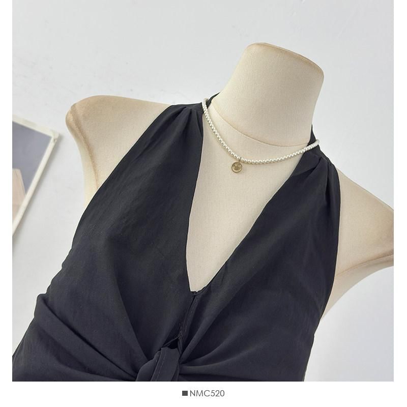 Set: Halter Plain Tie-Up Top + Elastic Waist Melange Maxi A-Line Skirt