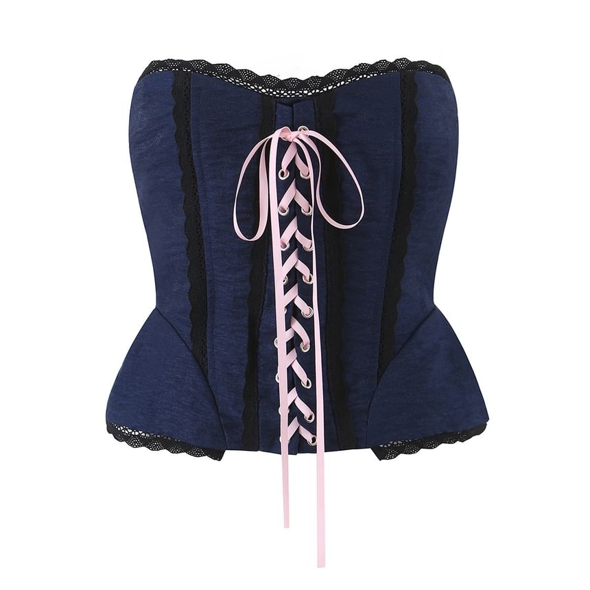 Lace Trim Lace-Up Crop Corset Tube Top
