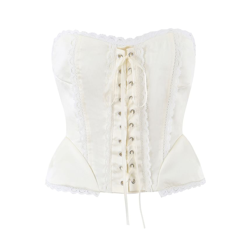 Lace Trim Lace-Up Crop Corset Tube Top