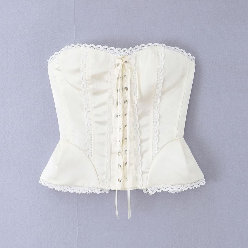 Lace Trim Lace-Up Crop Corset Tube Top