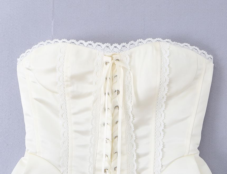 Lace Trim Lace-Up Crop Corset Tube Top
