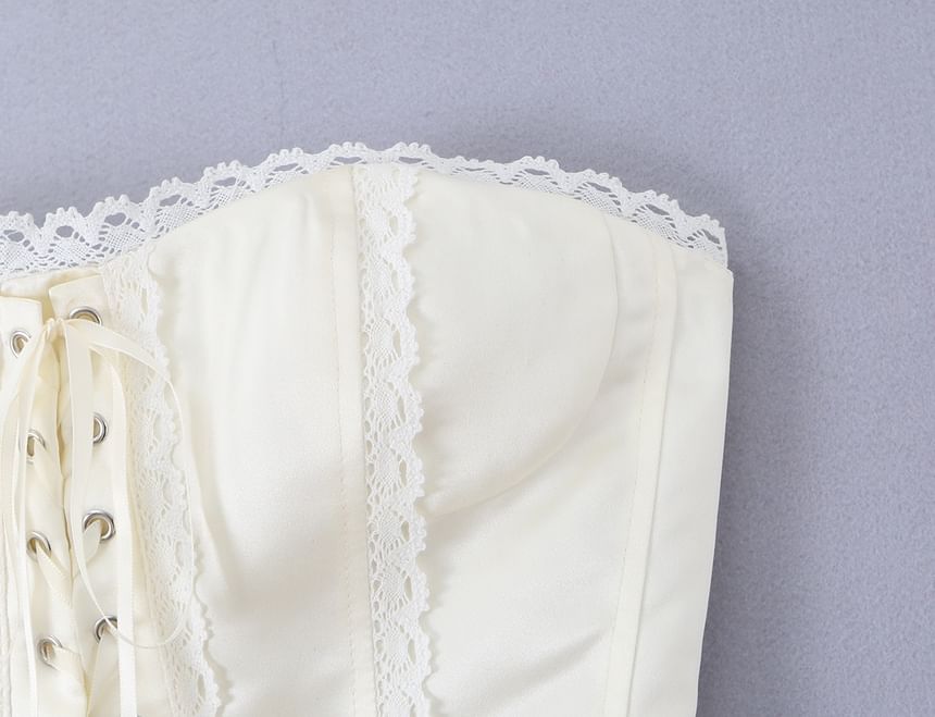 Lace Trim Lace-Up Crop Corset Tube Top