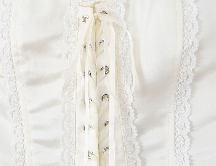 Lace Trim Lace-Up Crop Corset Tube Top