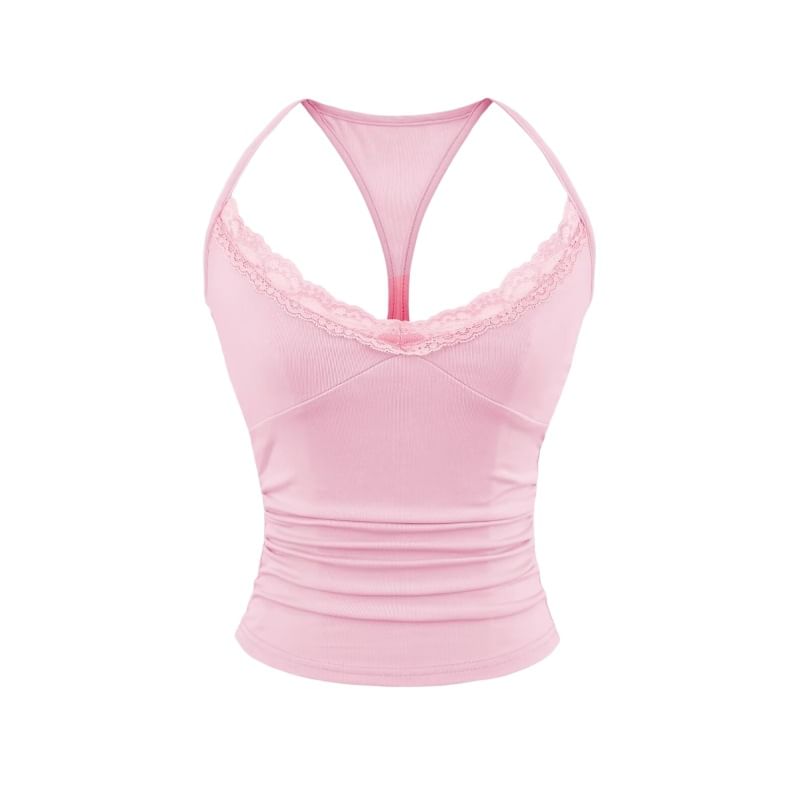 Halter V-Neck Lace Trim Ruched Racerback Crop Top