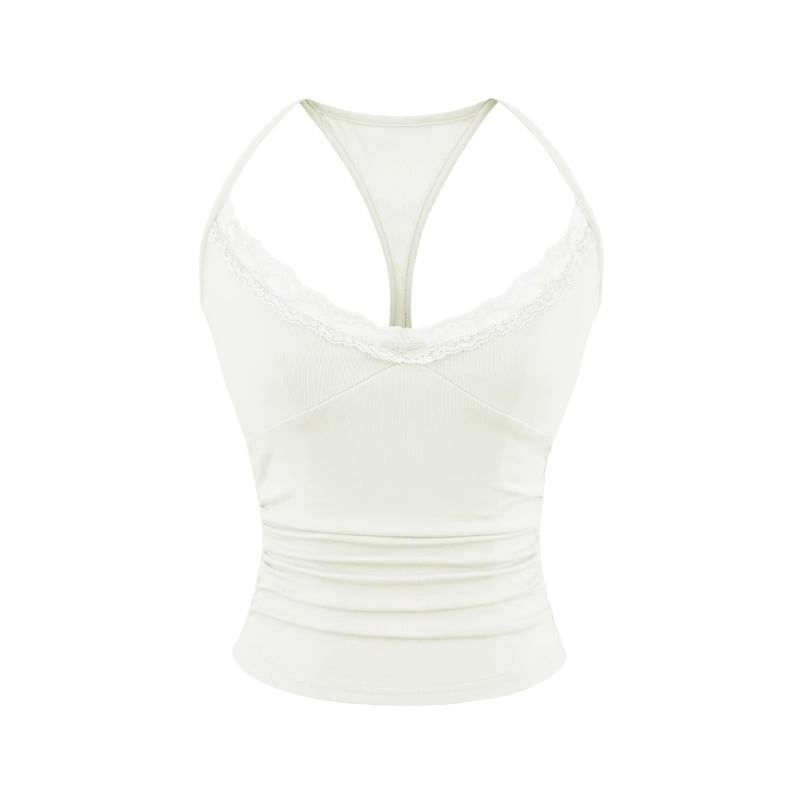 Halter V-Neck Lace Trim Ruched Racerback Crop Top