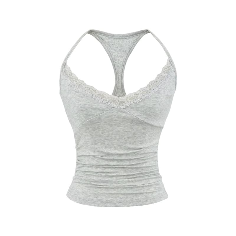 Halter V-Neck Lace Trim Ruched Racerback Crop Top