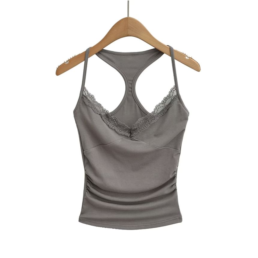 Halter V-Neck Lace Trim Ruched Racerback Crop Top