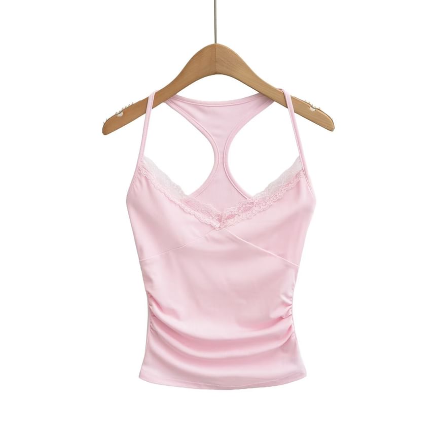 Halter V-Neck Lace Trim Ruched Racerback Crop Top