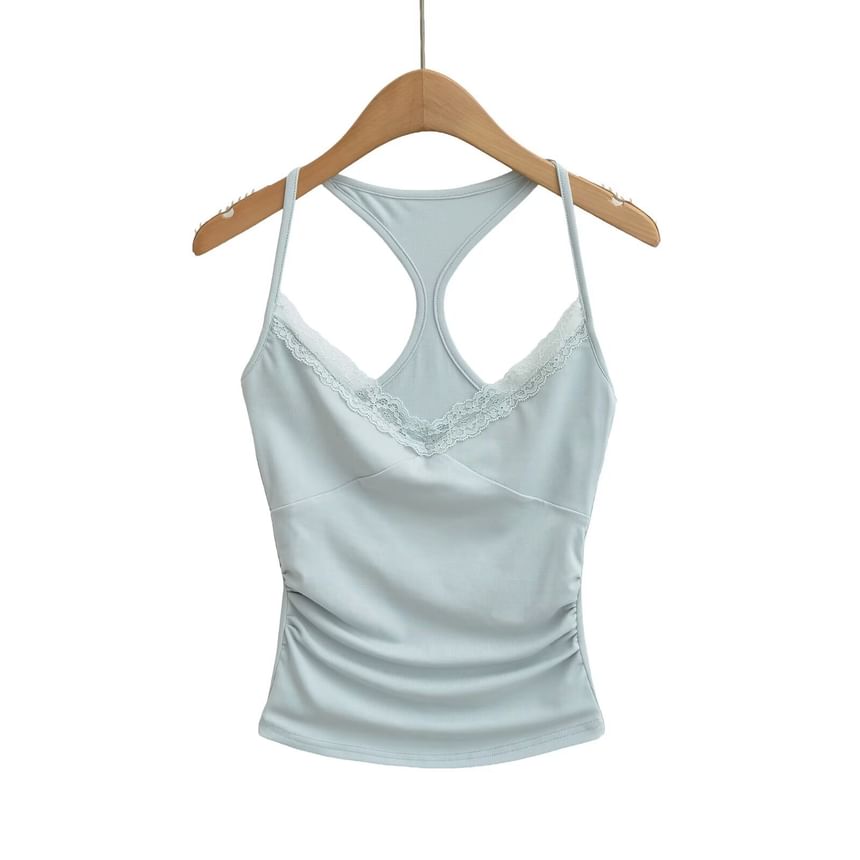 Halter V-Neck Lace Trim Ruched Racerback Crop Top