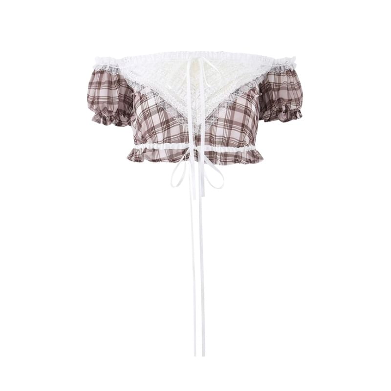 Puff-Sleeve Off-Shoulder Plaid Lace Panel Crop Top