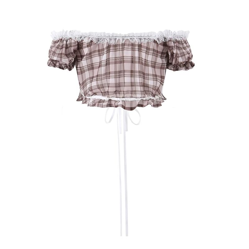 Puff-Sleeve Off-Shoulder Plaid Lace Panel Crop Top