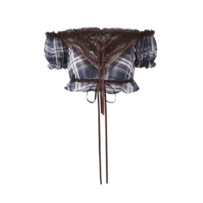 Puff-Sleeve Off-Shoulder Plaid Lace Panel Crop Top
