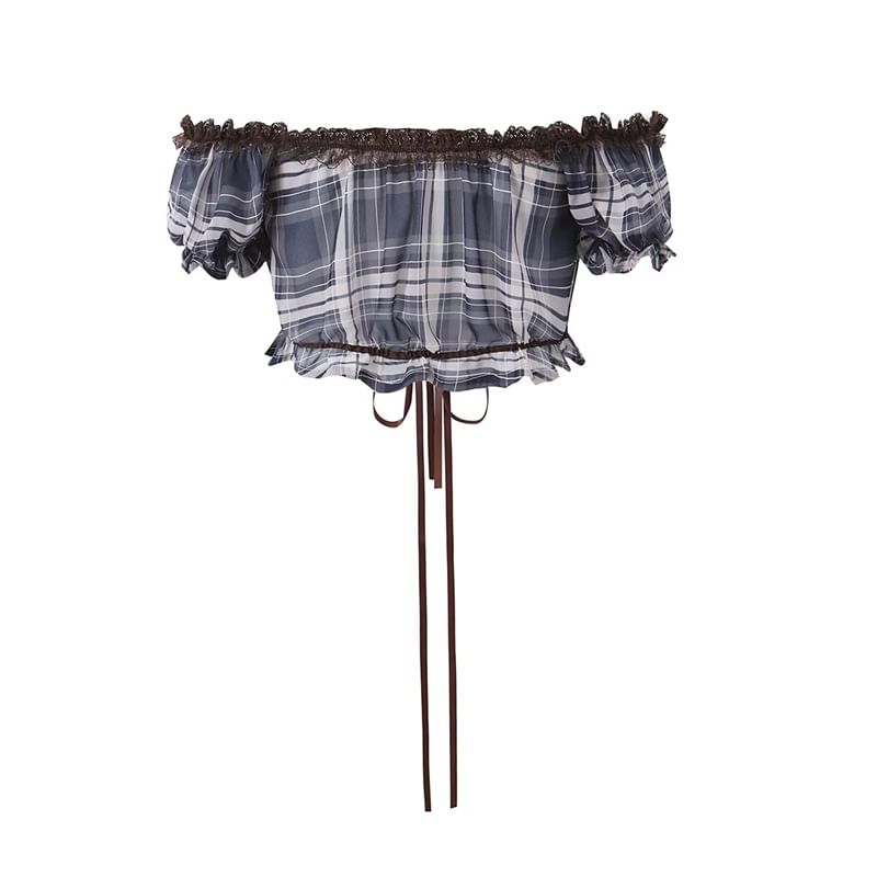 Puff-Sleeve Off-Shoulder Plaid Lace Panel Crop Top
