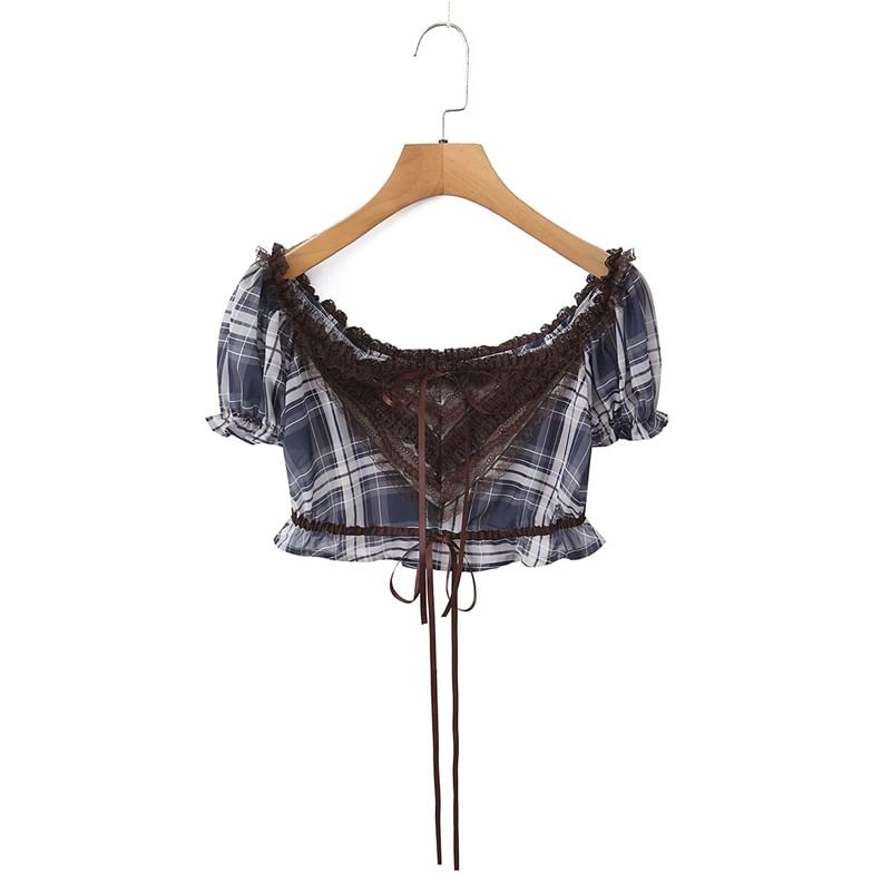 Puff-Sleeve Off-Shoulder Plaid Lace Panel Crop Top