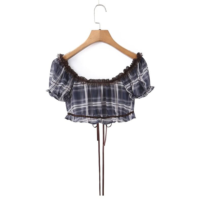 Puff-Sleeve Off-Shoulder Plaid Lace Panel Crop Top
