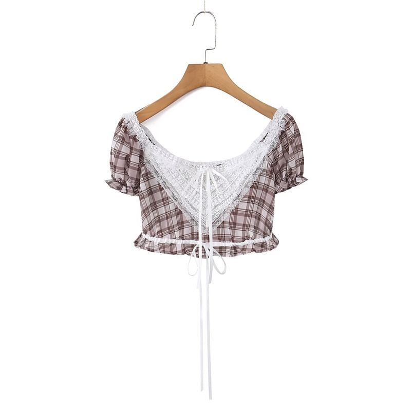 Puff-Sleeve Off-Shoulder Plaid Lace Panel Crop Top