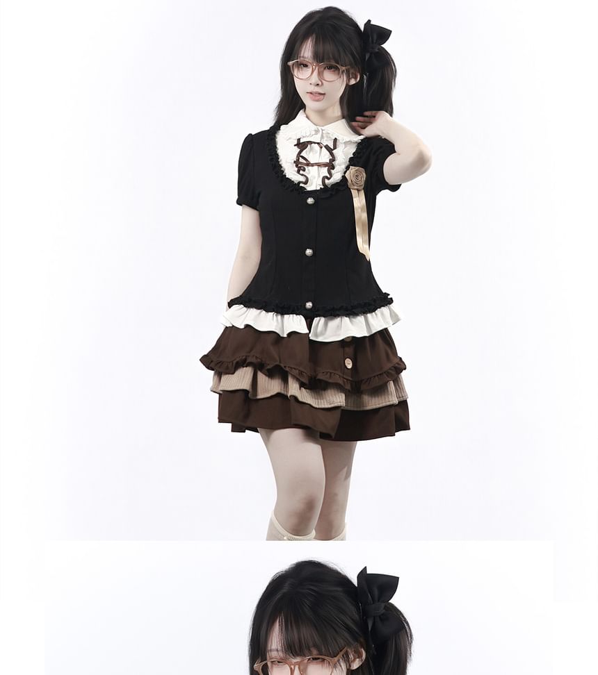 Short-Sleeve Collared Frill Trim Top / High Waist Mini Tiered Skirt