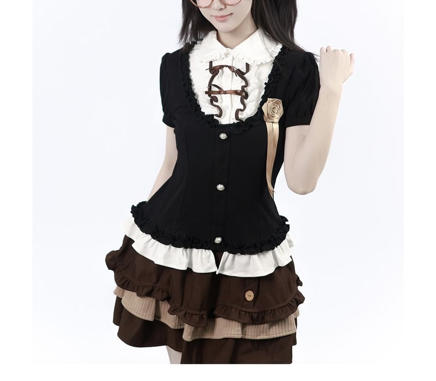 Short-Sleeve Collared Frill Trim Top / High Waist Mini Tiered Skirt