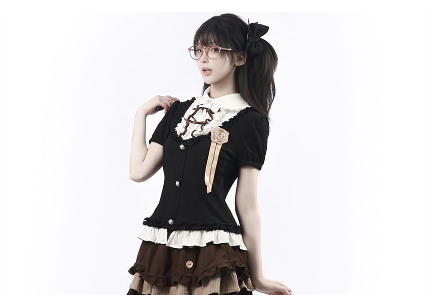Short-Sleeve Collared Frill Trim Top / High Waist Mini Tiered Skirt