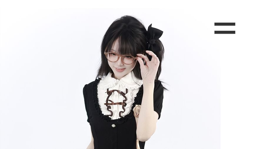 Short-Sleeve Collared Frill Trim Top / High Waist Mini Tiered Skirt