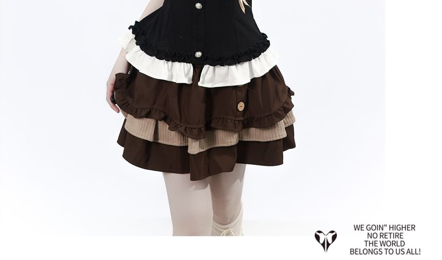 Short-Sleeve Collared Frill Trim Top / High Waist Mini Tiered Skirt