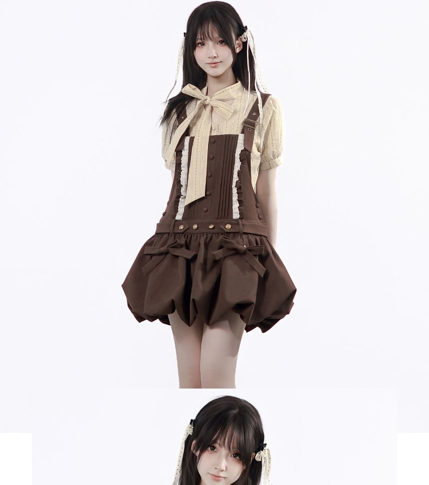 Short-Sleeve Striped Shirt / Sleeveless Lace Trim Mini Dress / Leg Warmer