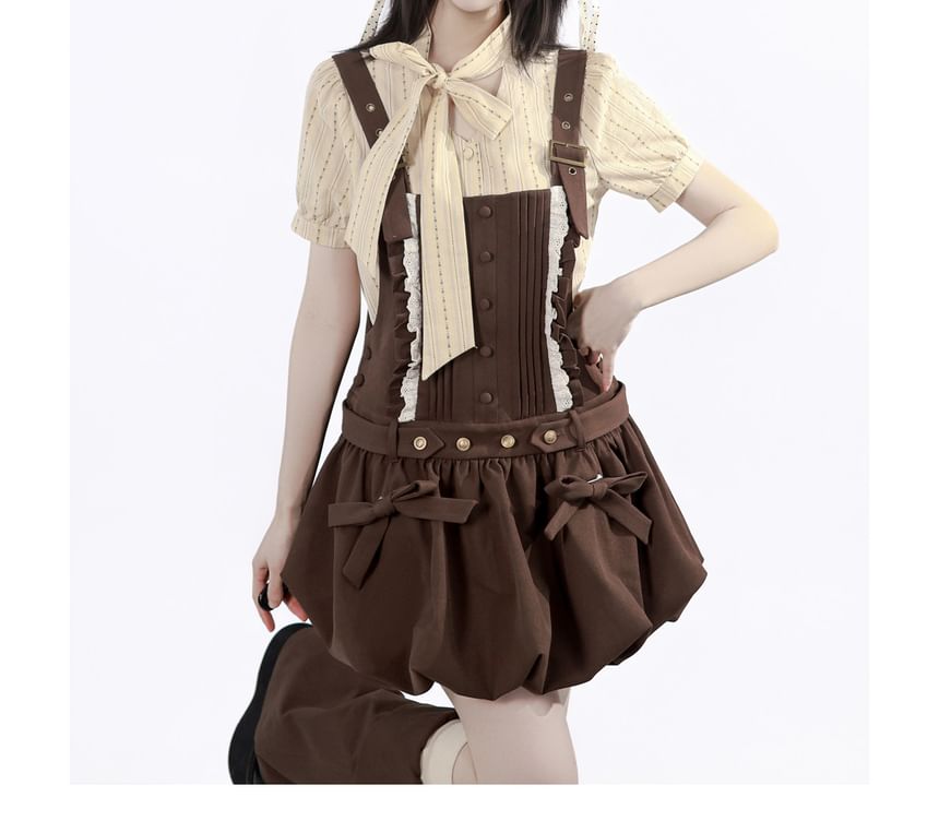 Short-Sleeve Striped Shirt / Sleeveless Lace Trim Mini Dress / Leg Warmer