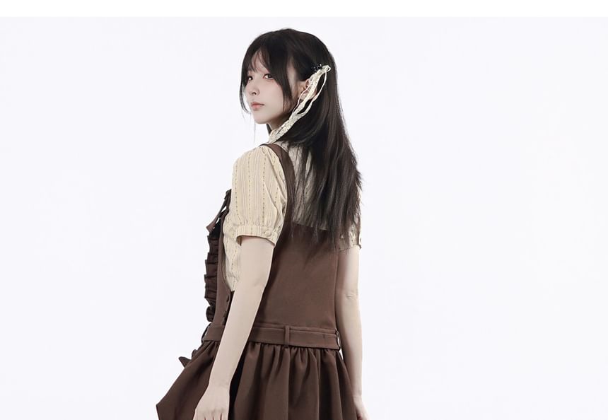 Short-Sleeve Striped Shirt / Sleeveless Lace Trim Mini Dress / Leg Warmer