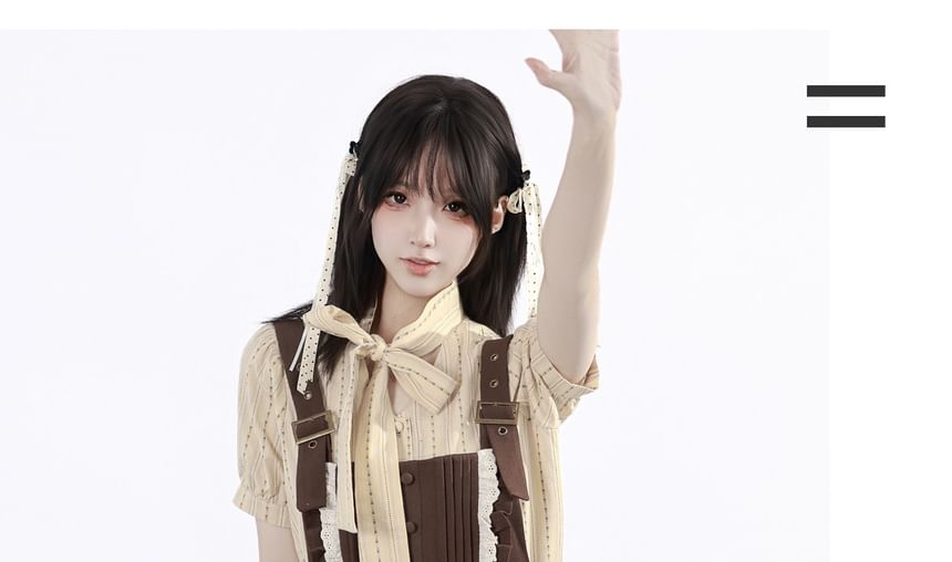 Short-Sleeve Striped Shirt / Sleeveless Lace Trim Mini Dress / Leg Warmer