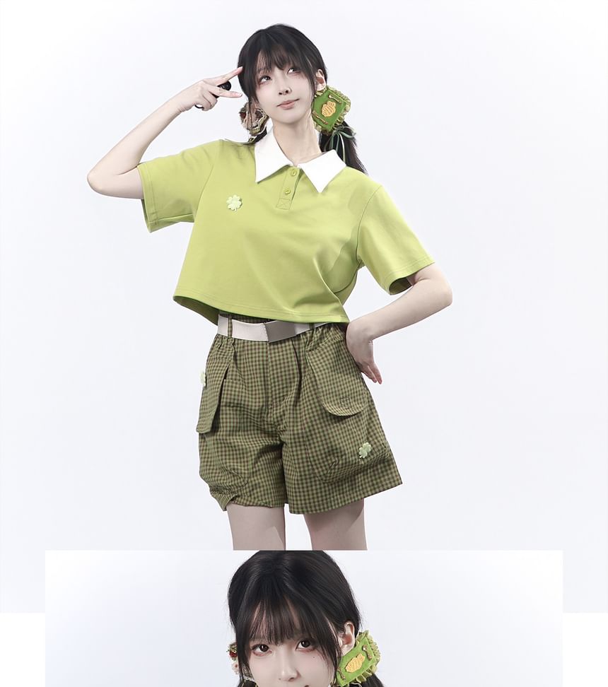 Short-Sleeve Crop Polo Shirt / Plaid Mini Skirt / Short-Sleeve Button-Up Top / Shorts