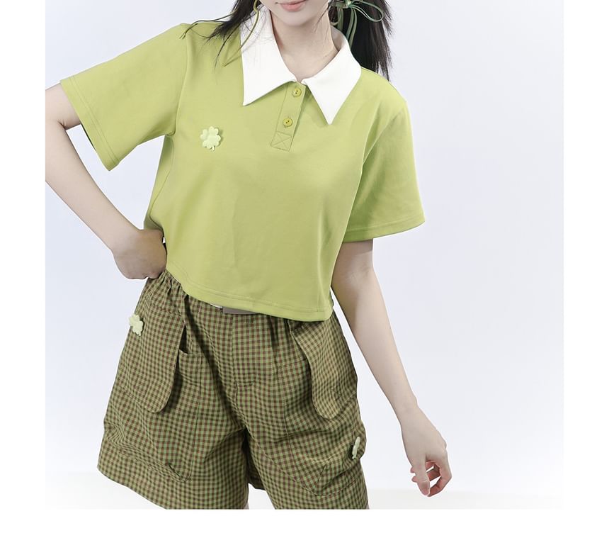 Short-Sleeve Crop Polo Shirt / Plaid Mini Skirt / Short-Sleeve Button-Up Top / Shorts