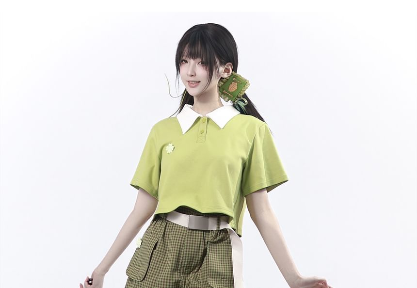 Short-Sleeve Crop Polo Shirt / Plaid Mini Skirt / Short-Sleeve Button-Up Top / Shorts