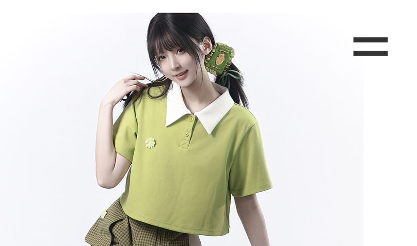 Short-Sleeve Crop Polo Shirt / Plaid Mini Skirt / Short-Sleeve Button-Up Top / Shorts