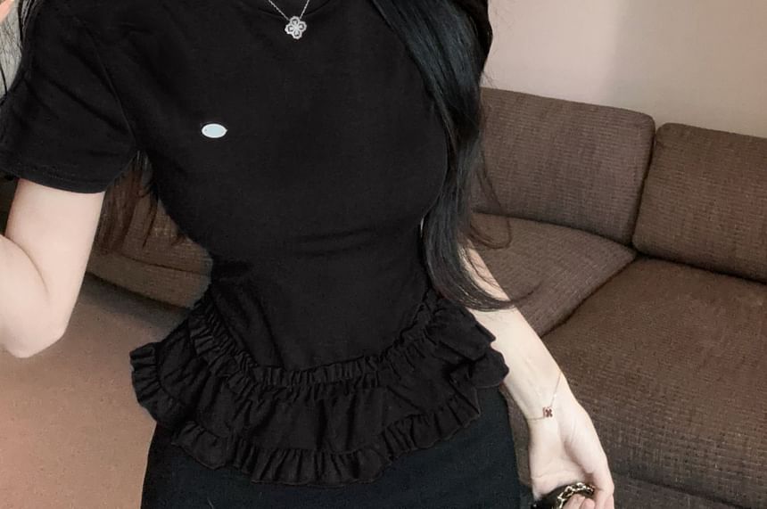 Crew Neck Ruffled Hem Slim Tee