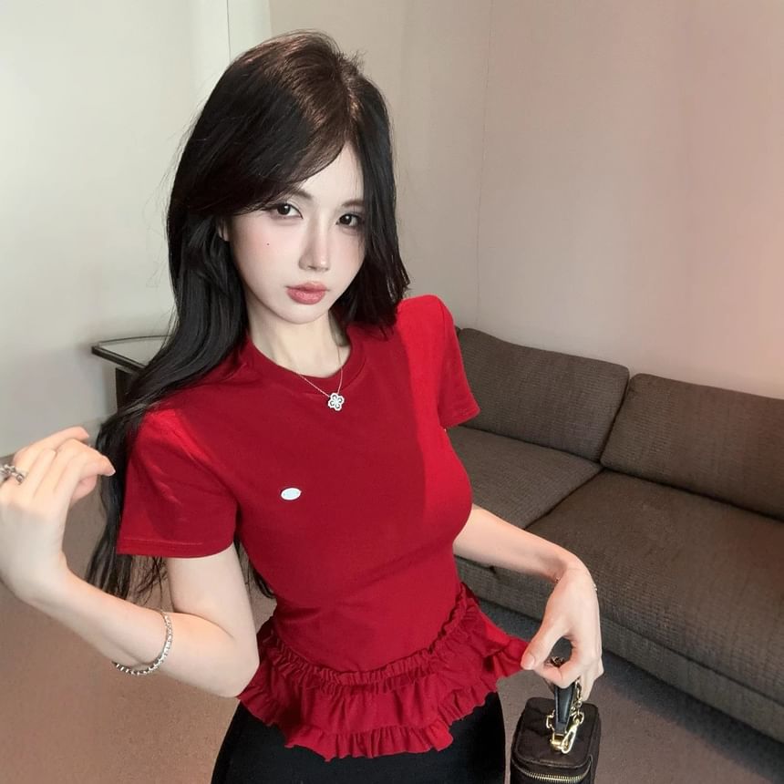 Crew Neck Ruffled Hem Slim Tee