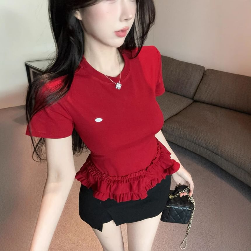 Crew Neck Ruffled Hem Slim Tee