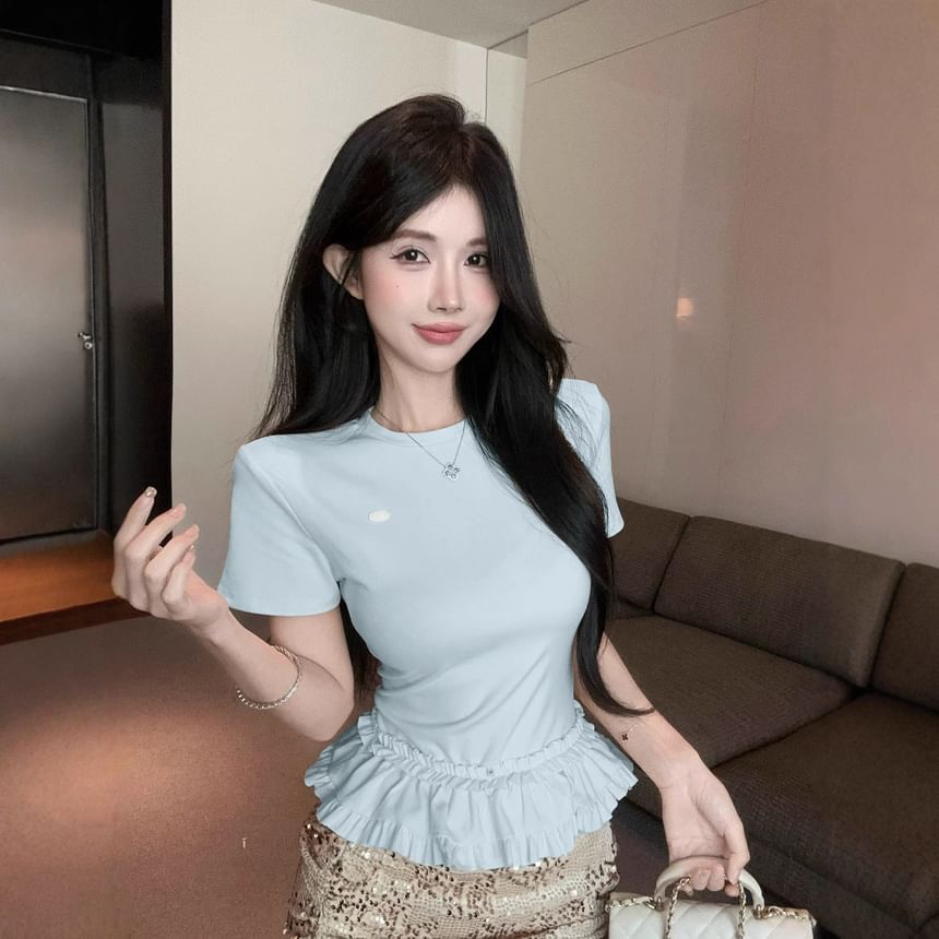Crew Neck Ruffled Hem Slim Tee