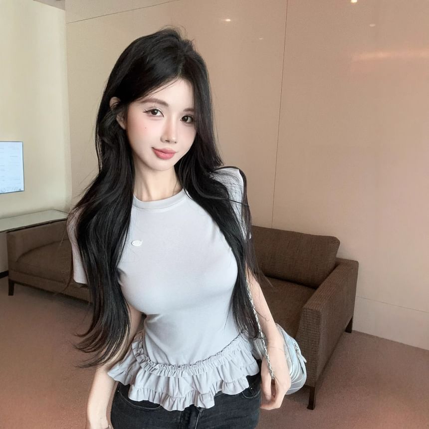 Crew Neck Ruffled Hem Slim Tee