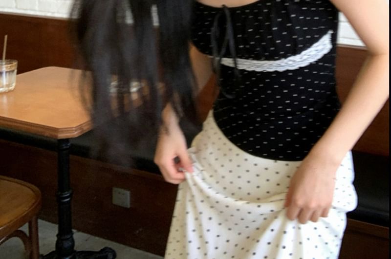 Scoop Neck Lace Panel Polka Dot Top
