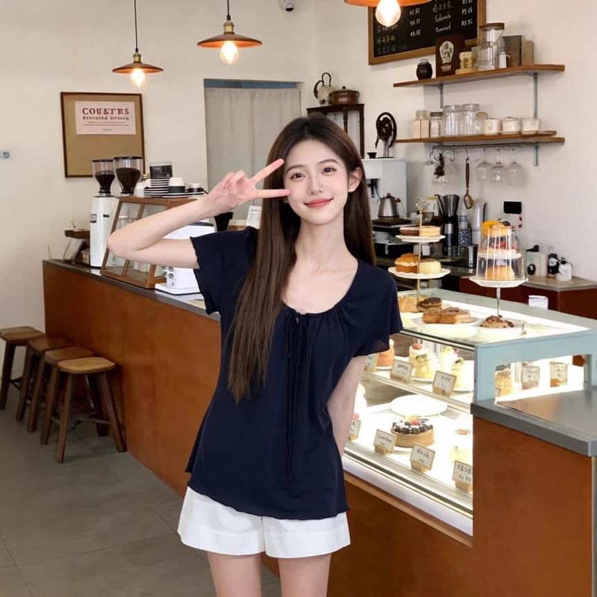 Scoop Neck Tie-Front Slim Top