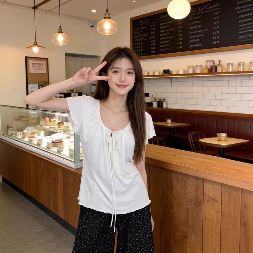 Scoop Neck Tie-Front Slim Top