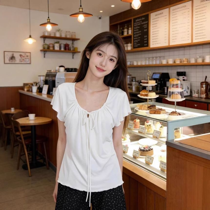 Scoop Neck Tie-Front Slim Top