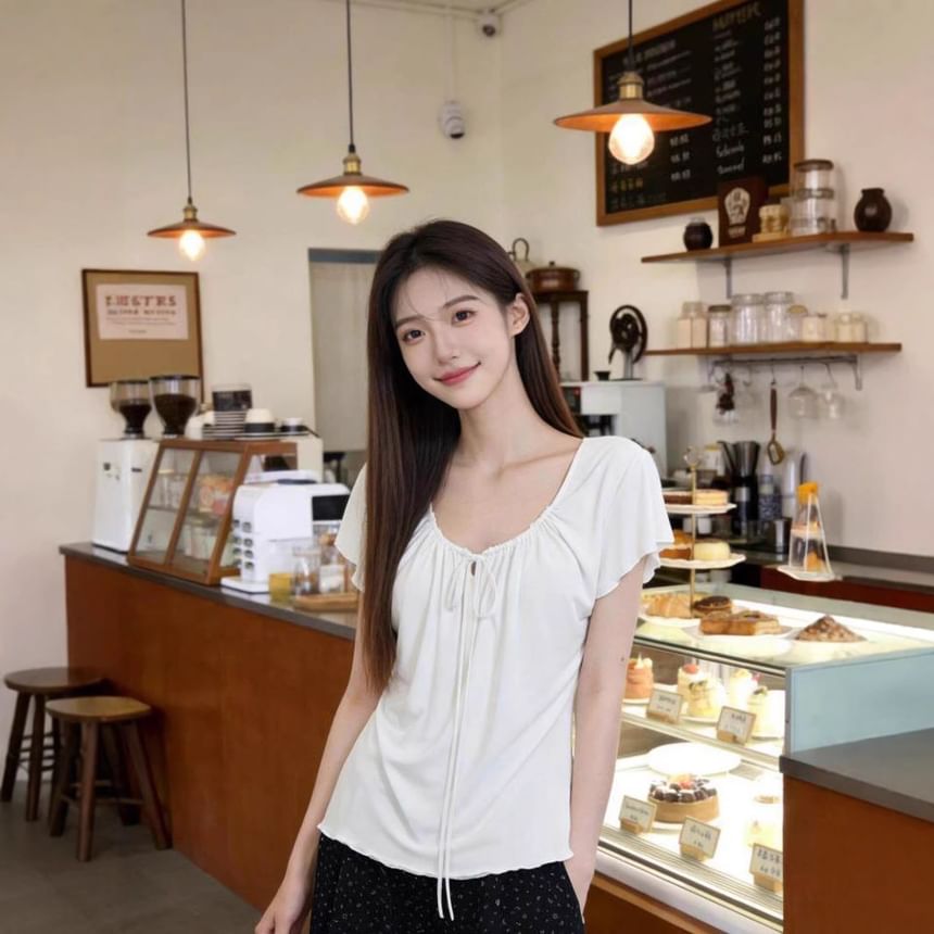 Scoop Neck Tie-Front Slim Top
