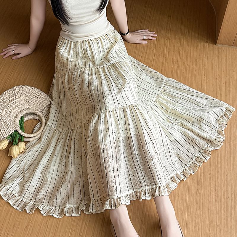 Elastic Waist Striped Dotted Tiered Ruffle Midi A-Line Skirt