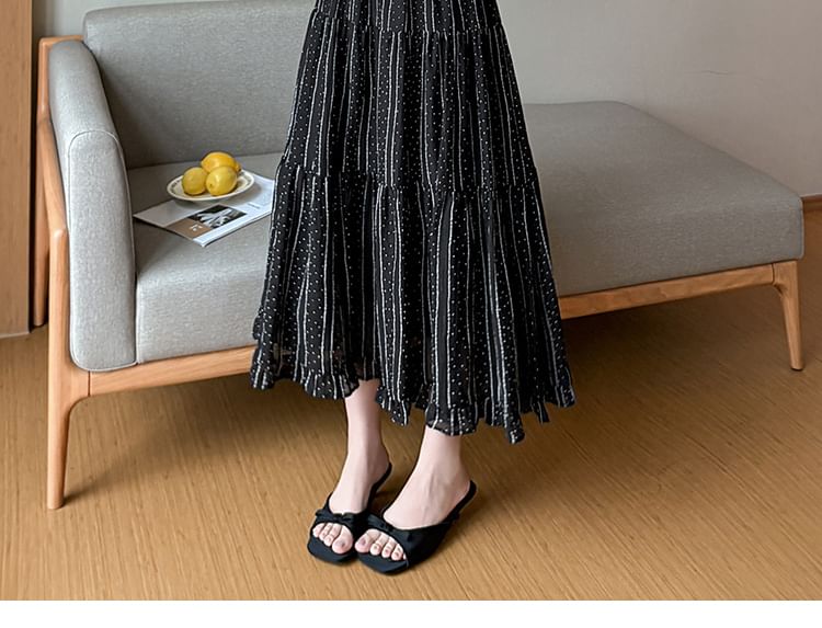 Elastic Waist Striped Dotted Tiered Ruffle Midi A-Line Skirt