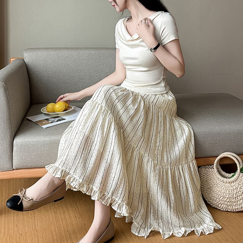 Elastic Waist Striped Dotted Tiered Ruffle Midi A-Line Skirt