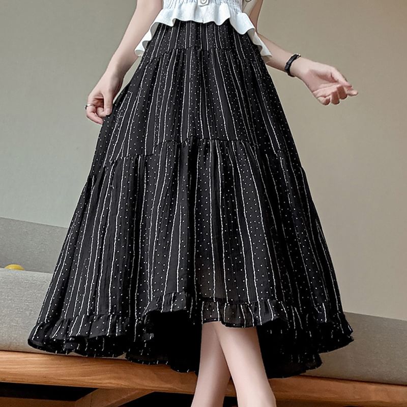 Elastic Waist Striped Dotted Tiered Ruffle Midi A-Line Skirt