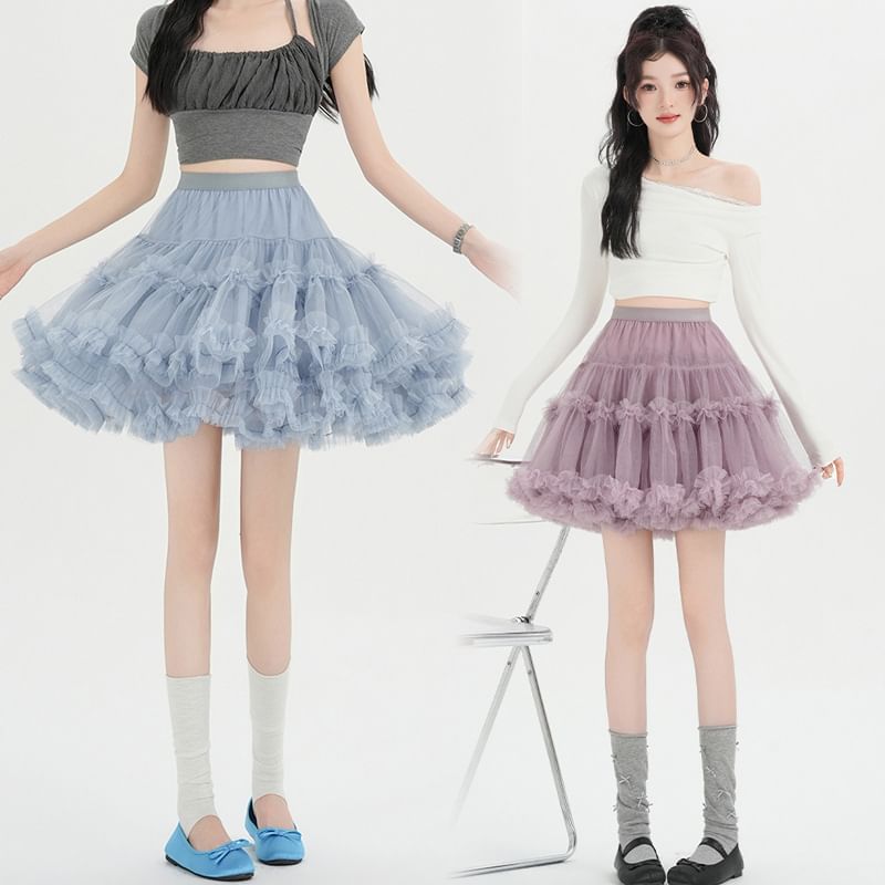 High Waist Plain Tiered Frill Mesh Mini A-Line Skirt