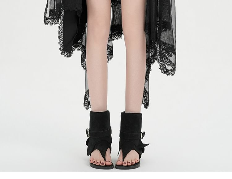 Elastic Waist Plain Asymmetrical Lace Trim Mesh Midi A-Line Skirt